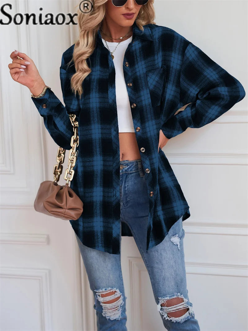 Women’s Flannel Plaid Shirt – Loose Fit Button-Up Casual Long Sleeve Blouse - Premium shirt from Lizard Vigilante - Just $42.88! Shop now at Lizard Vigilante