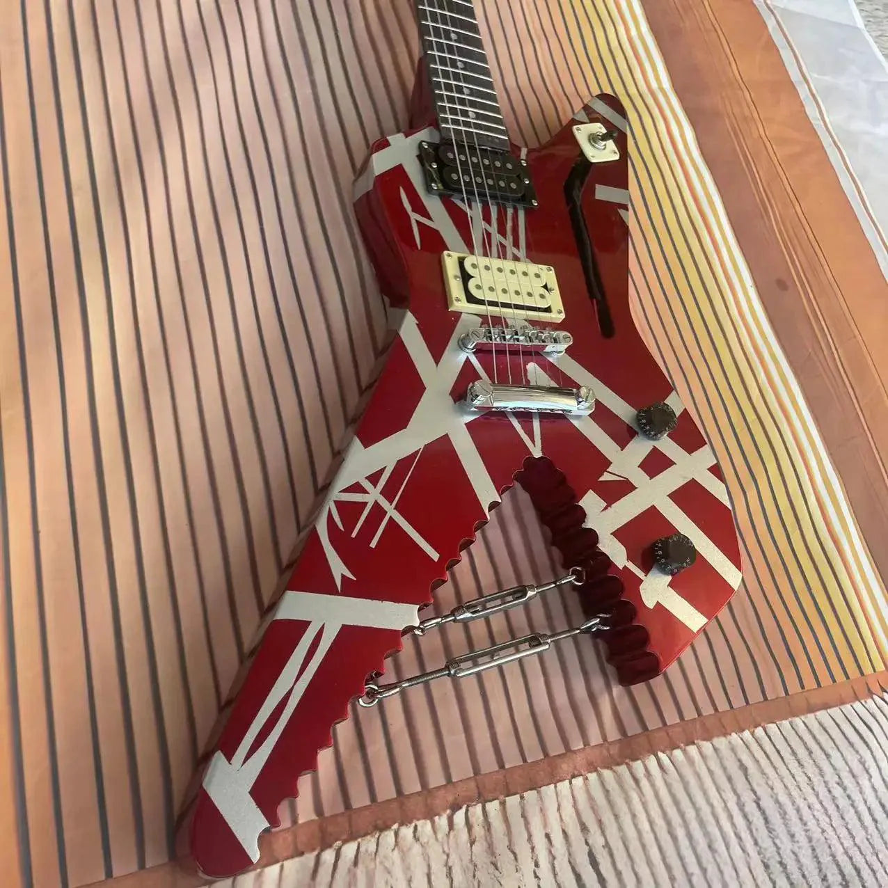 Red, White, & Black Striped Special Shaped 6-string Integrated Electric Guitar with a Eddie Van Metal Halen Red Body, High Gloss, Rosewood Fingerboard, Maple Wood Track - Premium Electric Guitar from dsers - Just $388.88! Shop now at Lizard Vigilante