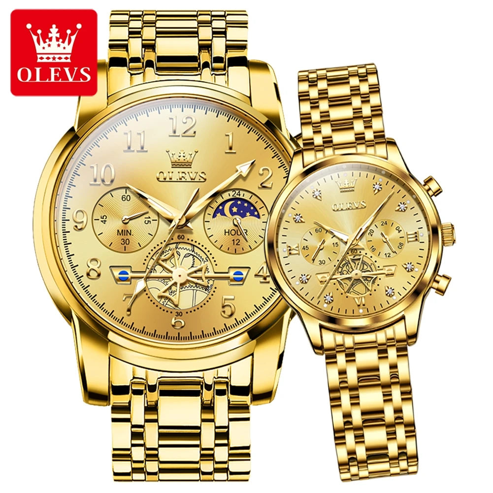 OLEVS New Flywheel Design Luxury Couple Watch Waterproof Moon Phase Chronograph Brand Original Quartz Wrist Watch for Men Women - Premium  from Lizard Vigilante - Just $50.99! Shop now at Lizard Vigilante