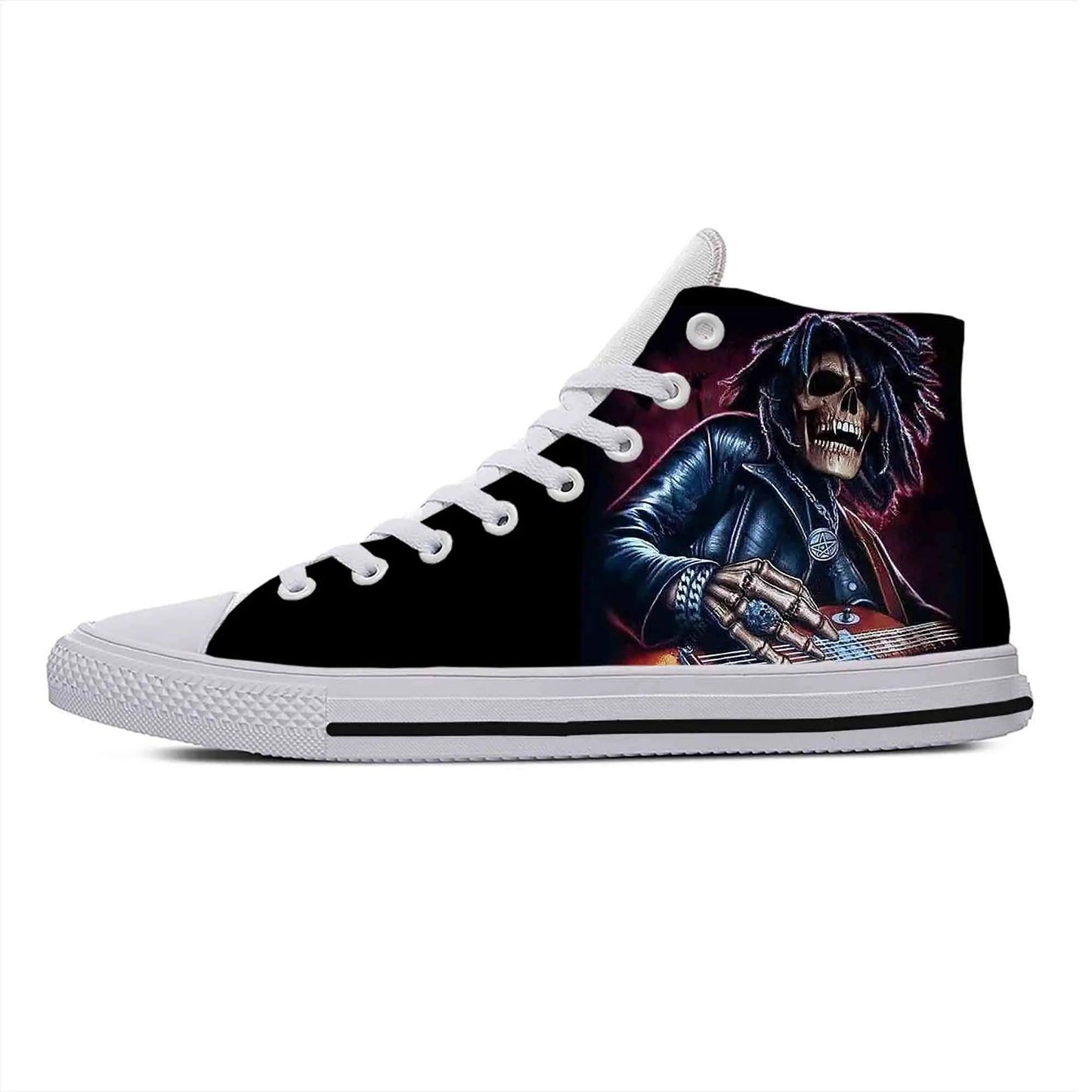 Gothic High-Top Canvas Sneakers with 3D Print – Casual Skull High Top Shoes for Men and Women Heavy Metal Rock Skull Guitar Grim Reaper - Premium Shoes from Lizard Vigilante - Just $39.99! Shop now at Lizard Vigilante