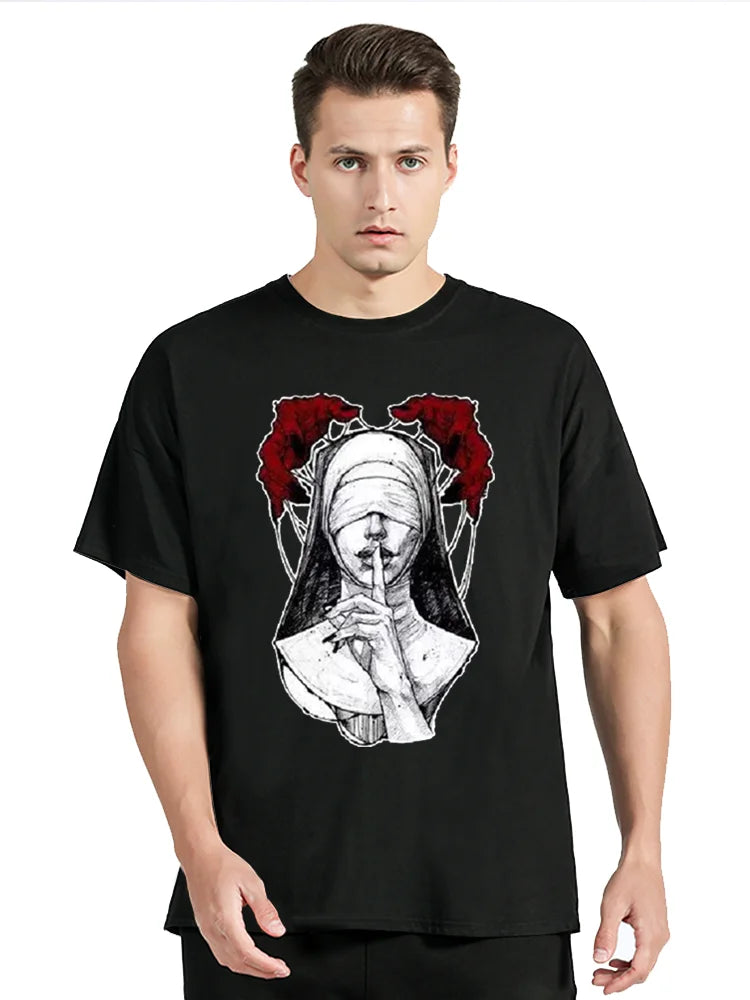 Nun Tee Tattoos Unholy Satanic T-shirt Summer Comfort Funny Tee Print Cotton Unisex Clothing Oversized Top - Lizard Vigilante