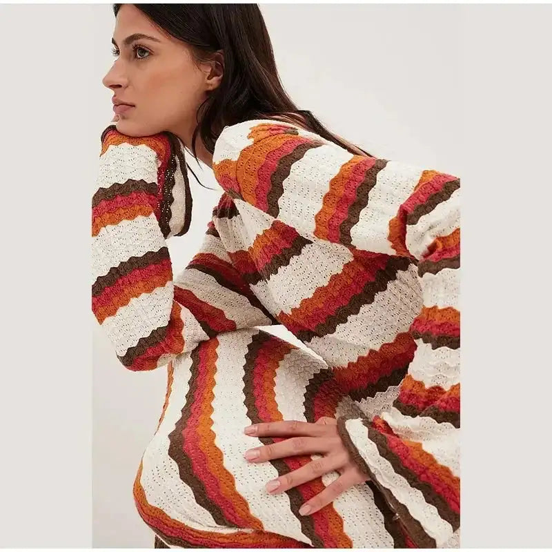 Striped Knitted Long Dress Women O-neck Backless Hollowed Out Long Sleeves Lady Bodycon Dress 2024 Spring Summer Vacation Robe