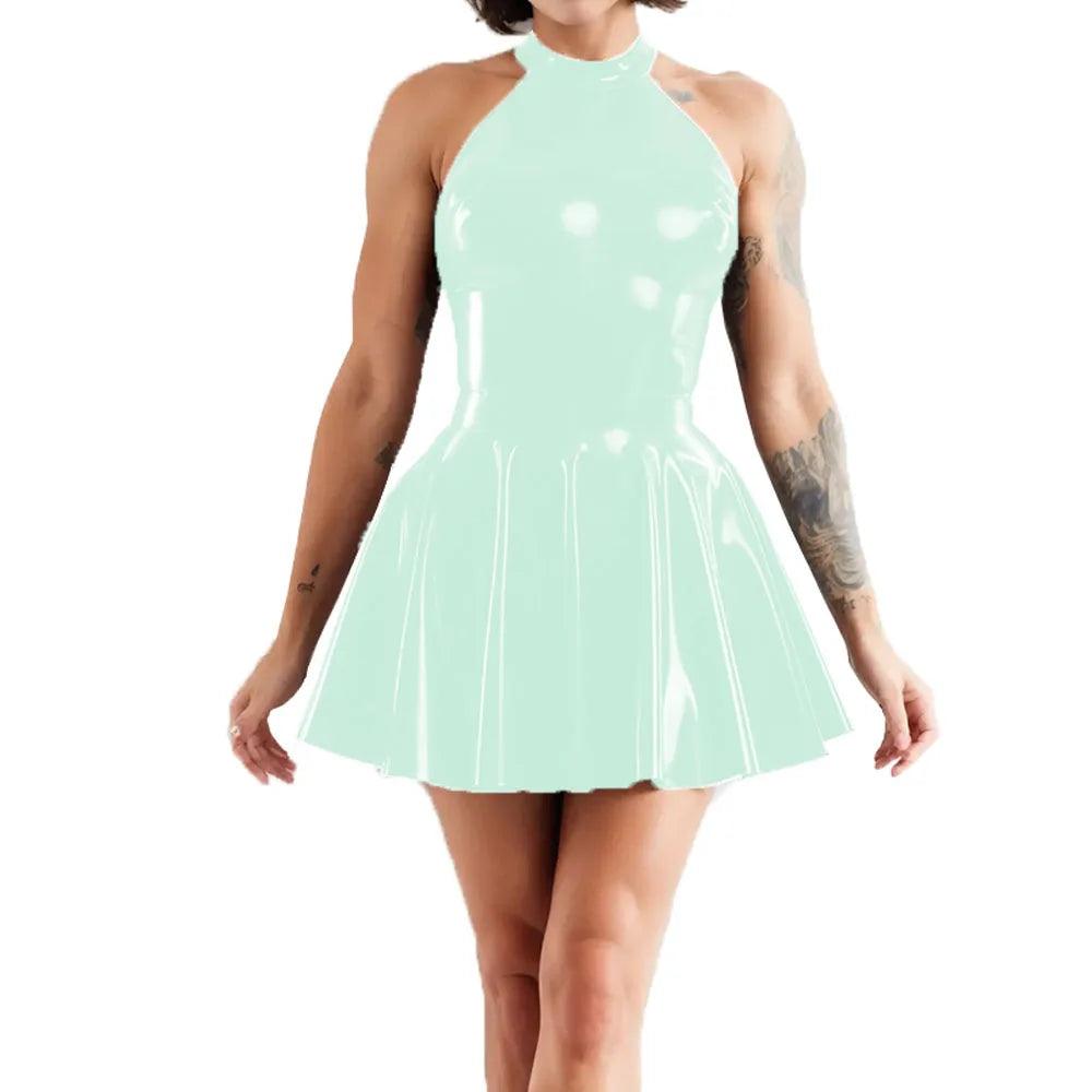 Shiny Sleeveless A-Line Pleated Mini Dress Halter Neck Skater Wet PVC Leather Swing Skirt Dress Latex-look Clubwear - Lizard Vigilante