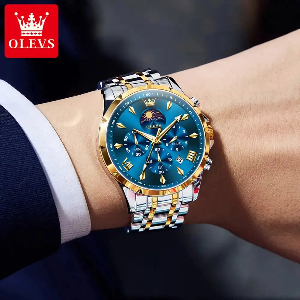 OLEVS 3653 Men Watch Luxury Brand Quartz Watch Multi functional Automatic Date Timer Watch Waterproof Luminous Moonphase Watch
