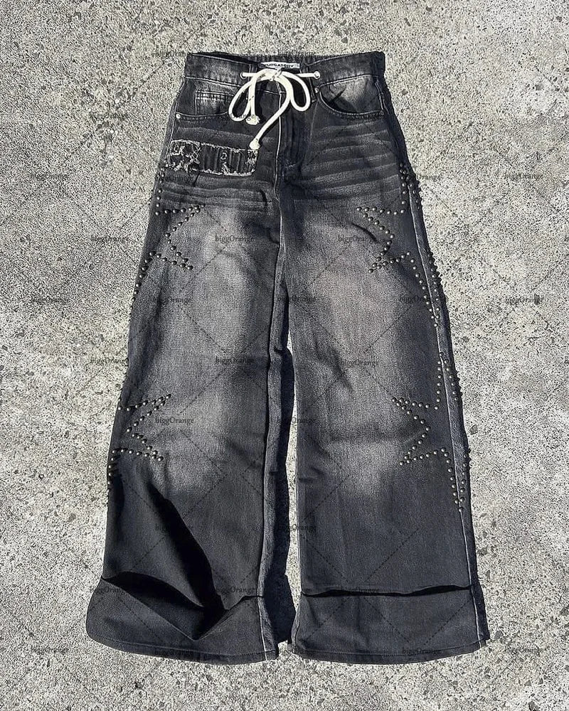 Punk Black American Street Rock Retro Y2K High Waist Oversized Jeans Men 2024 New Raw Edge Washed Straight Wide Leg Trousers Men - Premium jeans from Lizard Vigilante - Just $38.88! Shop now at Lizard Vigilante