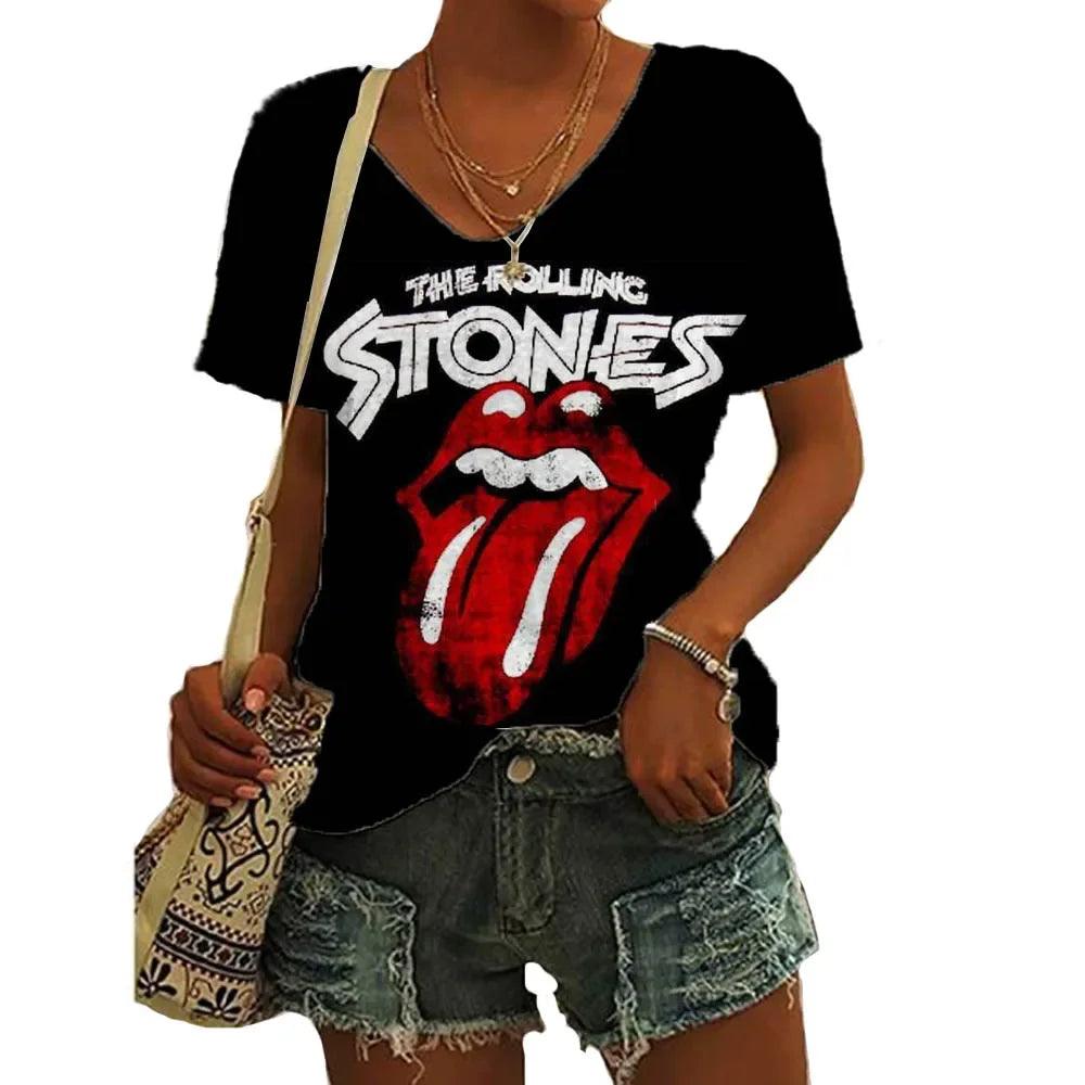 Rolling Stones Women's T Shirts 3d Lip Print Fashion Casual Short Sleeve V-neck Tops Tee Summer Harajuku Female Clothing - Lizard Vigilante