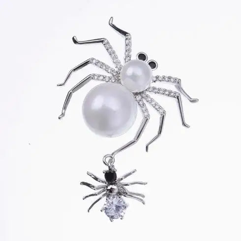 Venom Stage Spider Brooch – Giant Crystal Punk Insect Pin with Pearl Shockwave