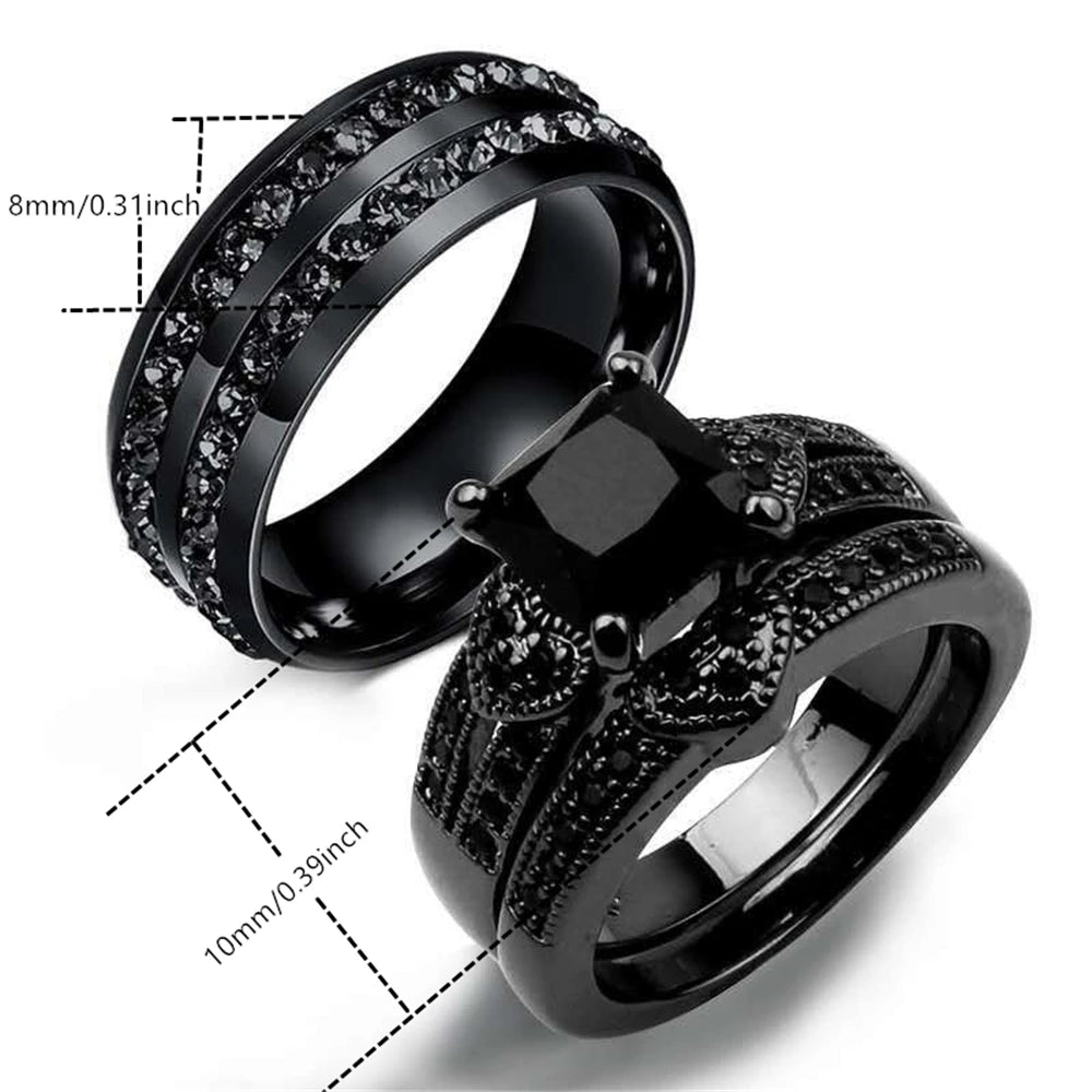 Lizard Vigilante Black Full Zircon Couple Ring Set – Men's Stainless Steel & Women's Heart-shaped Wedding Jewelry - Premium wedding rings from Lizard Vigilante - Just $28.88! Shop now at Lizard Vigilante