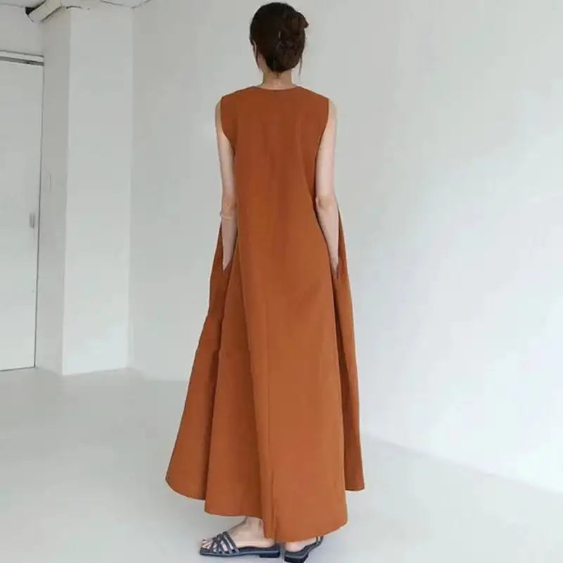 2022 Minimalist Chic Loose Swing Sleeveless Mid-length Casual Cotton Linen Long Dress  Round Neck High Waist Women Runway Dress