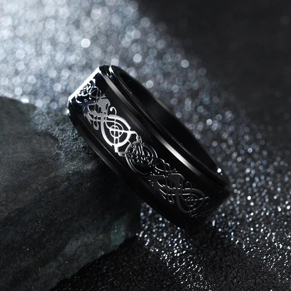 Punk Celtic Dragon Rotating Anxiety Ring For Men Fidget Spinner Stainless Steel Inlay Carbon Fiber Metal Rock Band Ring Anillo - Lizard Vigilante