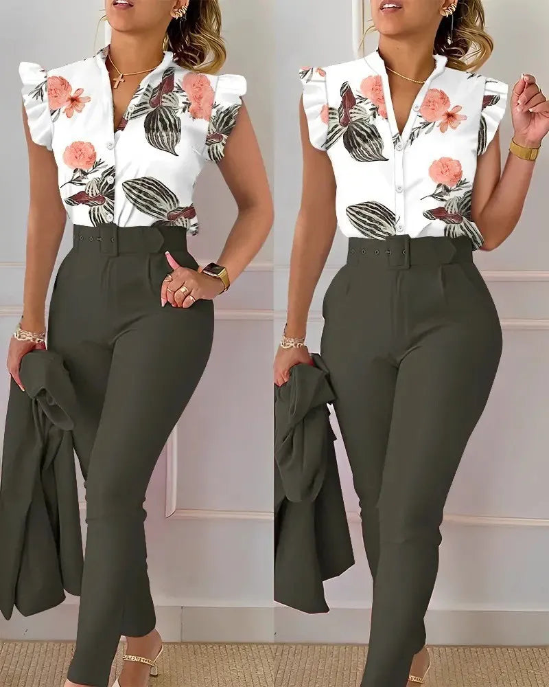 Women's Elegant Floral Slim Two-Piece Set - V-Neck Flying Sleeve Top & High-Waist Pencil Pants with Sash Belt - Premium suit from Lizard Vigilante - Just $38.88! Shop now at Lizard Vigilante