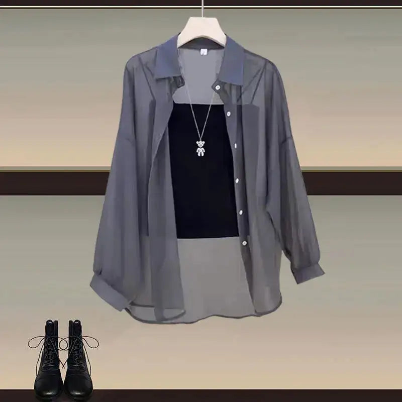 Summer Set Women's 2024 New Style Wear Sunscreen Chiffon Shirt with Slimming Slimming Suit Pants Three Piece Set