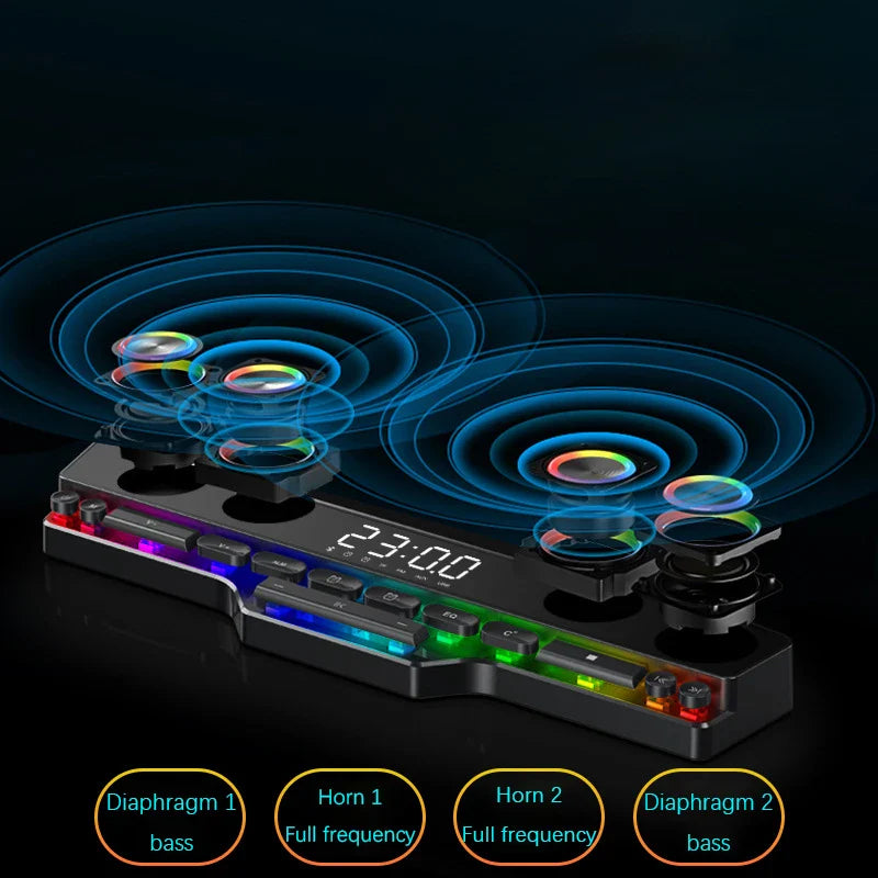 Wireless Bluetooth Game Speaker Soundbar USB 3D Stereo Subwoofer FM Home Clock Indoor Sound Bar Computer Loudspeaker Hot Sale