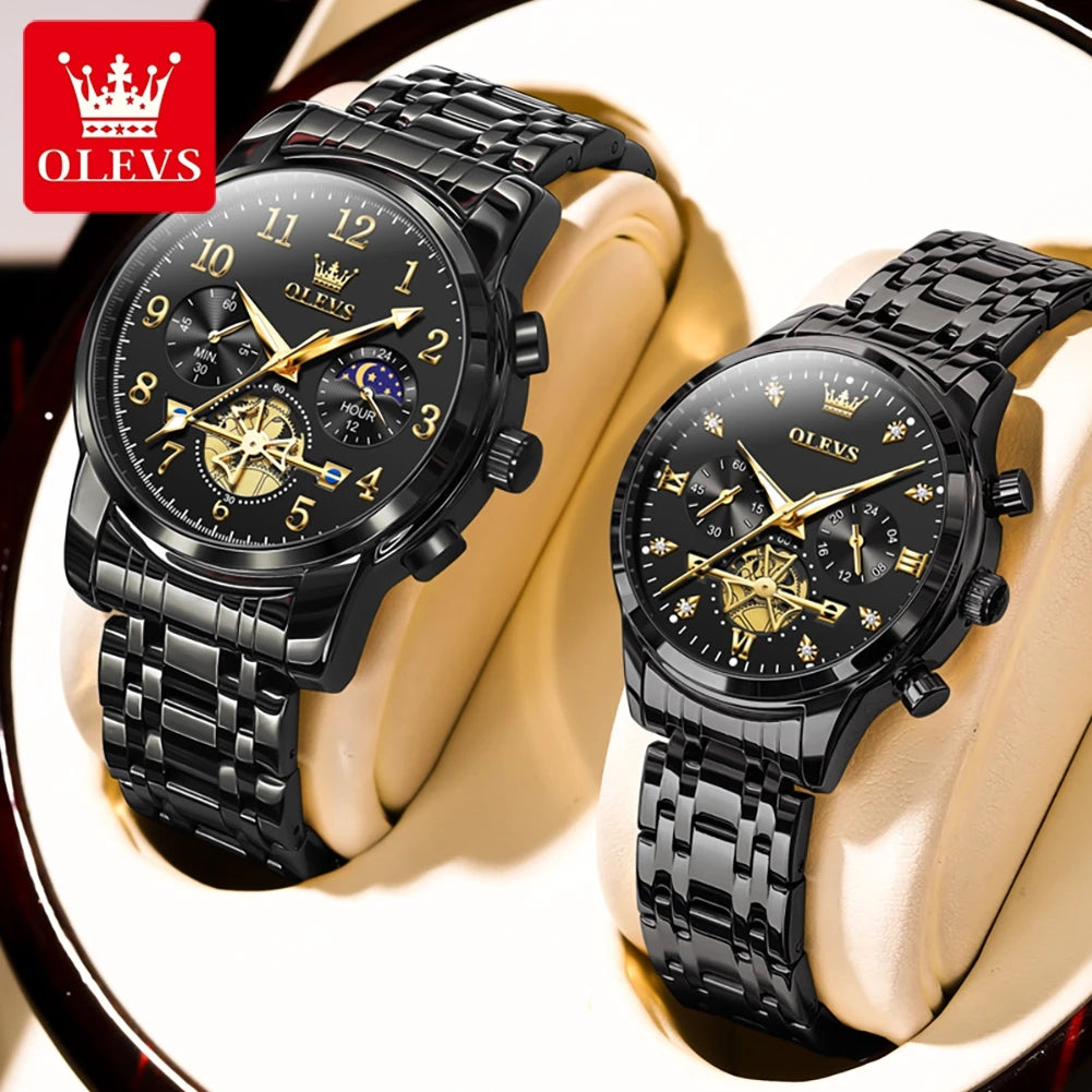 OLEVS New Flywheel Design Luxury Couple Watch Waterproof Moon Phase Chronograph Brand Original Quartz Wrist Watch for Men Women - Premium  from Lizard Vigilante - Just $50.99! Shop now at Lizard Vigilante