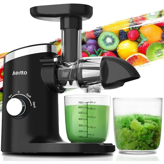 Classic horizontal cold press juicer with quiet motor designed for high juice yield easy to clean featuring soft and hard modes