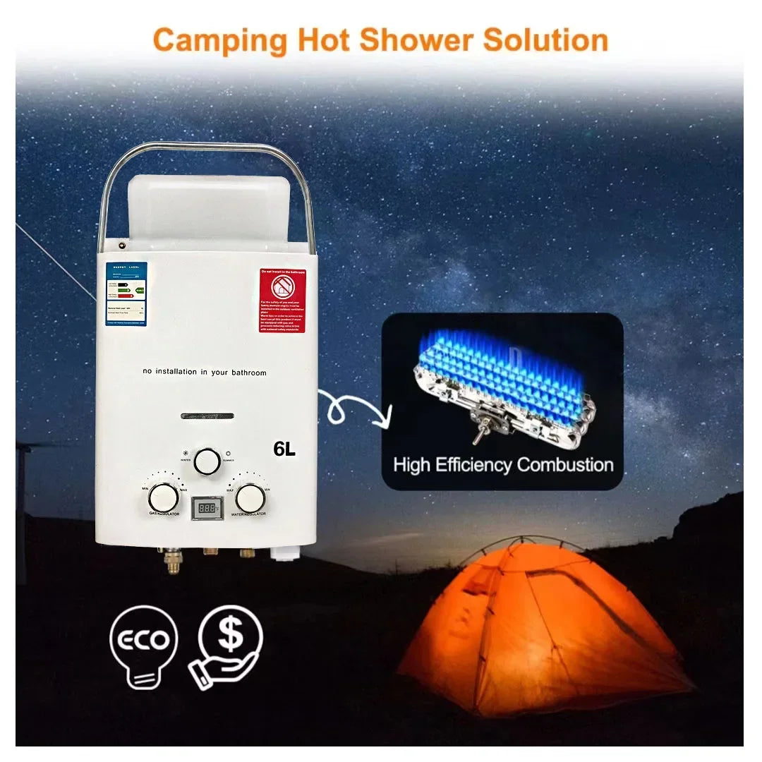 LPG Propane Gas Tankless Water Heater 6L Outdoor Camping Instant Heating Bath With Shower Head Hot Water Heater Car Truck Tent