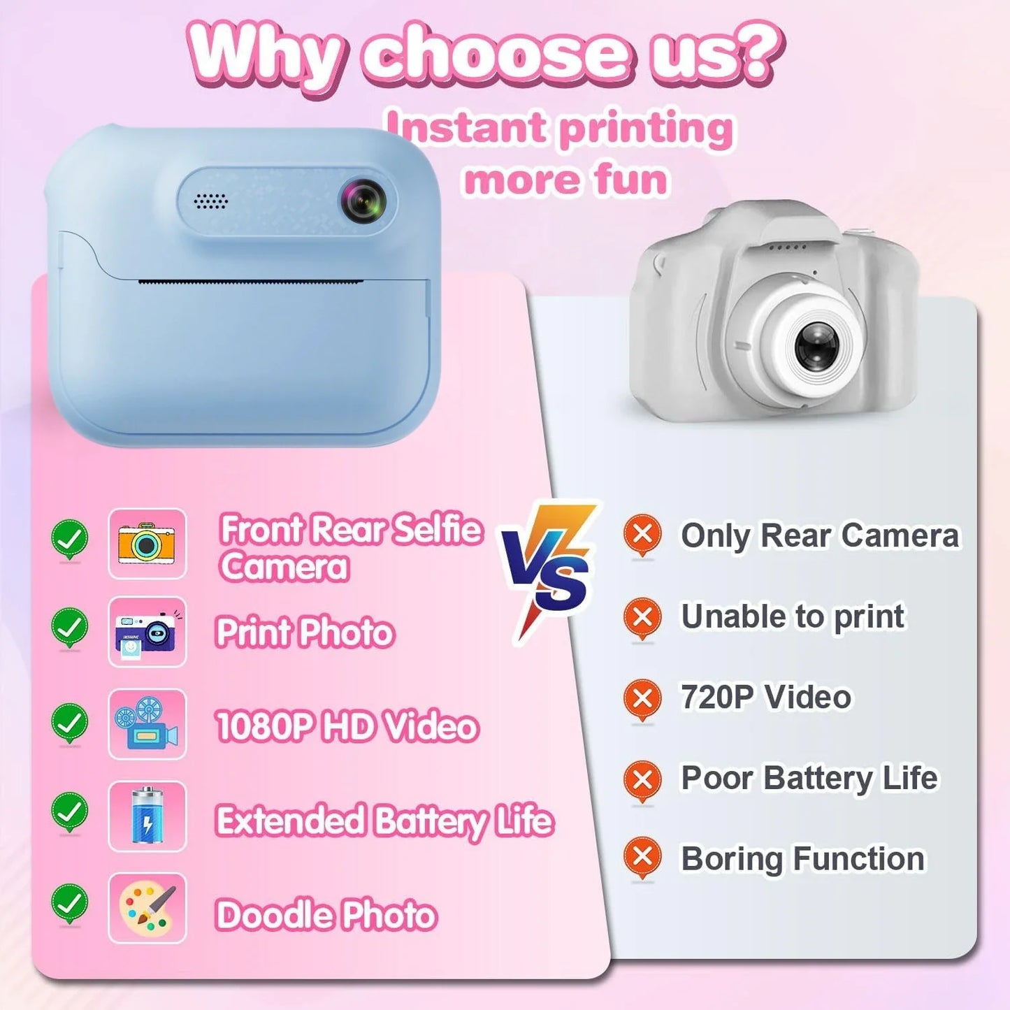 S8 Instant Print Camera for Children 1300mAh Kids Camere Printer 1080P HD Digital Camera for Girls Boys Birthday Gifts