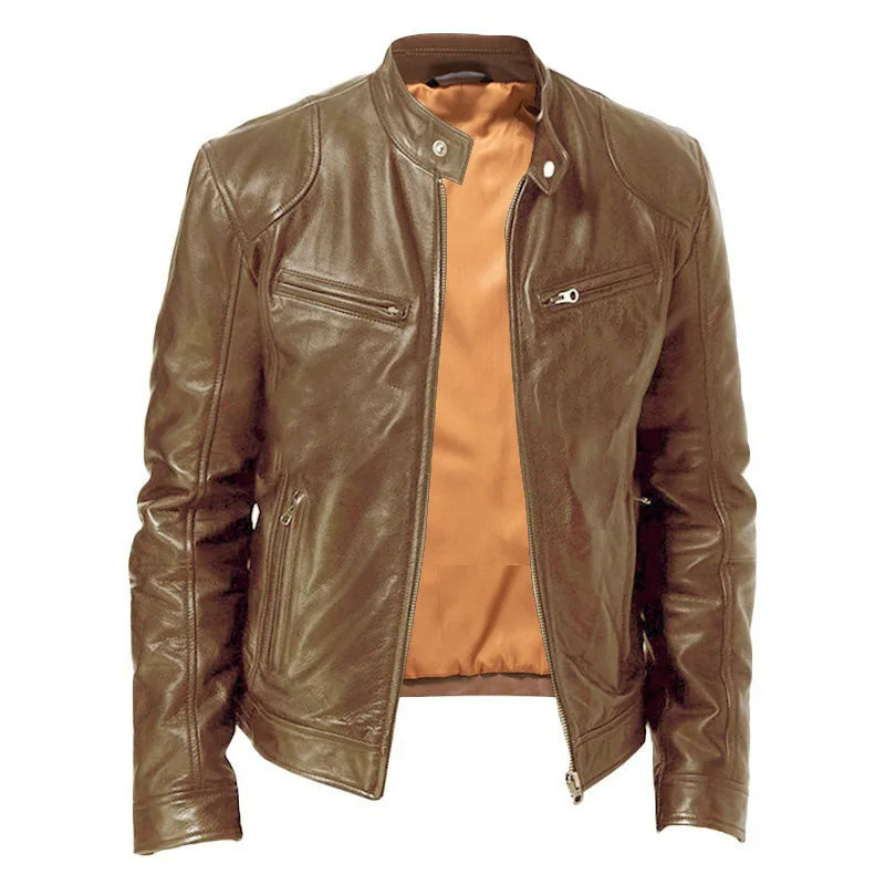 Men's PU Leather Motorcycle Jacket – Slim Biker Windbreaker with Pillow Collar - Premium jacket from Lizard Vigilante - Just $58.88! Shop now at Lizard Vigilante