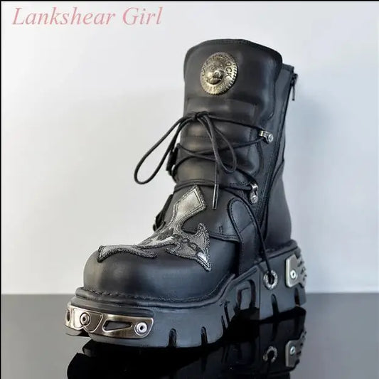 Unisex Leather Boots - Silver Skull Devil Goth Punk Metallic Motorcycle Boots (Size 35-48) - Premium boots from Lizard Vigilante - Just $268.88! Shop now at Lizard Vigilante