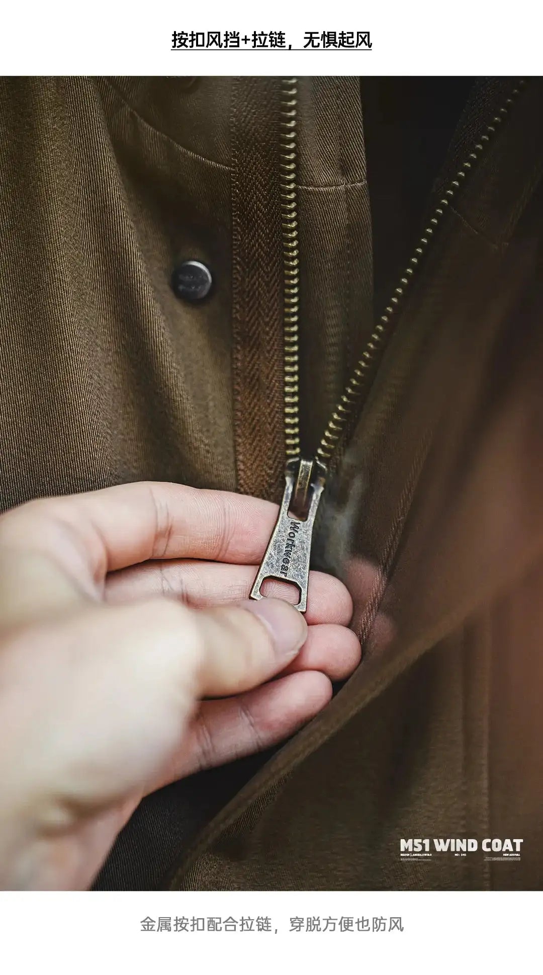 Maden Retro M51 Hooded Windbreaker Loose Fit Cotton Zipper Mid-length Jacket Versatile Solid Color Outerwear for Men's Autumn