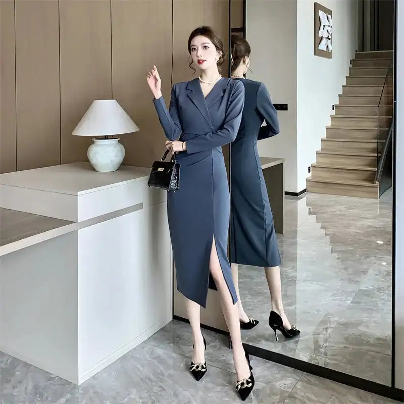 Women Pink Pleated Bodycon Formal Long Dress Autumn Winter Long Sleeve Chic Suit Dress 2025 Korean Fashion Elegant Party Dresses