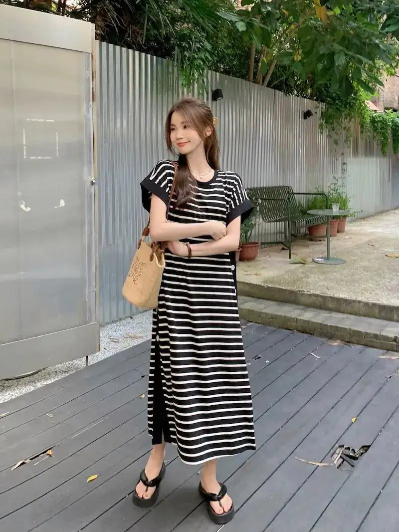 2024 New Casual Korean Striped O-neck Short Sleeve Long Dress Ladies Simplicity Patchwork Loose Tshirt Dress Women Clothing
