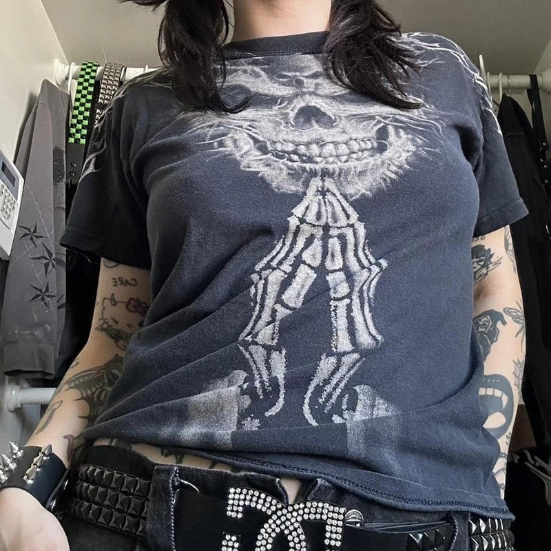 2000s Aesthetic Mall Goth E-girl Gothic T-shirt Retro Y2K Grunge Skull Wing Crop Tops Indie Graphic Print Short Sleeve Tee Women - Premium T-Shirt from Lizard Vigilante - Just $29.99! Shop now at Lizard Vigilante