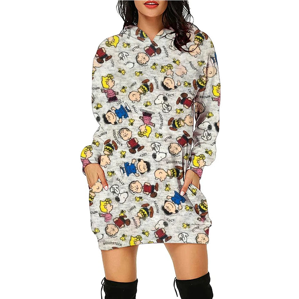 Snoopy Women’s Hoodie Dress – Y2K Streetwear 3D Cartoon Pullover Winter Fashion