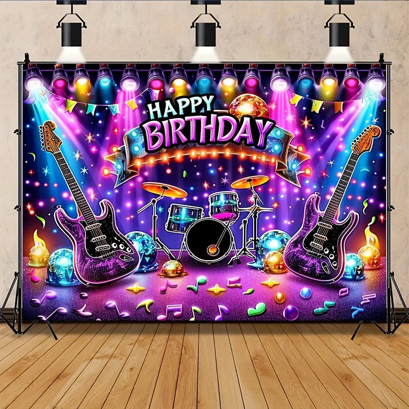 Rockstage Riot Birthday Backdrop – Guitar & Drum Explosion Wall Banner