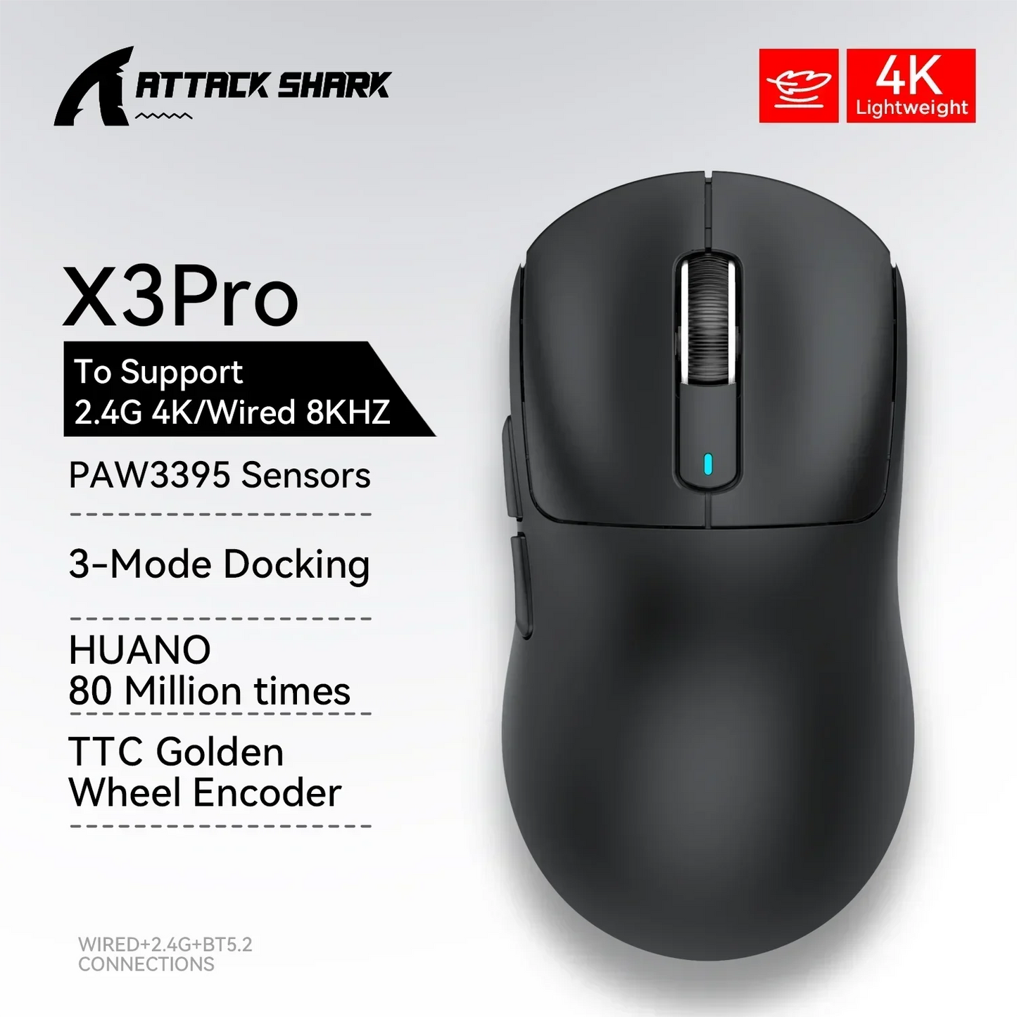 Attack Shark X3Pro Wireless  Gaming Mouse PixArt PAW3395 26000dpi Bluetooth Optical Mouse Tri-Mode Connection Macro Gaming Mouse
