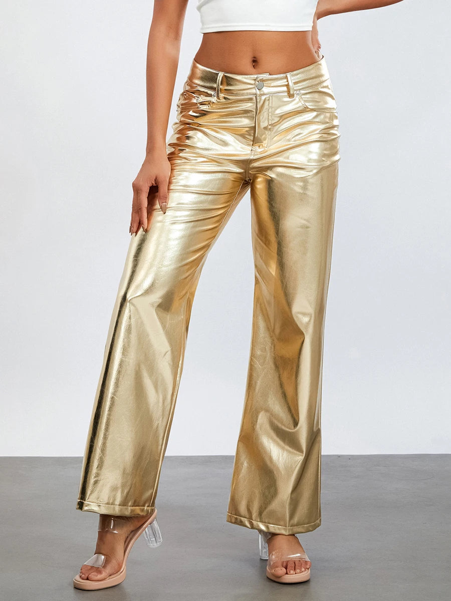 Women s Metallic Jeans Loose Low Waist Button Straight Leg Long Length Gold Trousers Glitter Pants with Front Pockets - Premium  from Lizard Vigilante - Just $38.99! Shop now at Lizard Vigilante