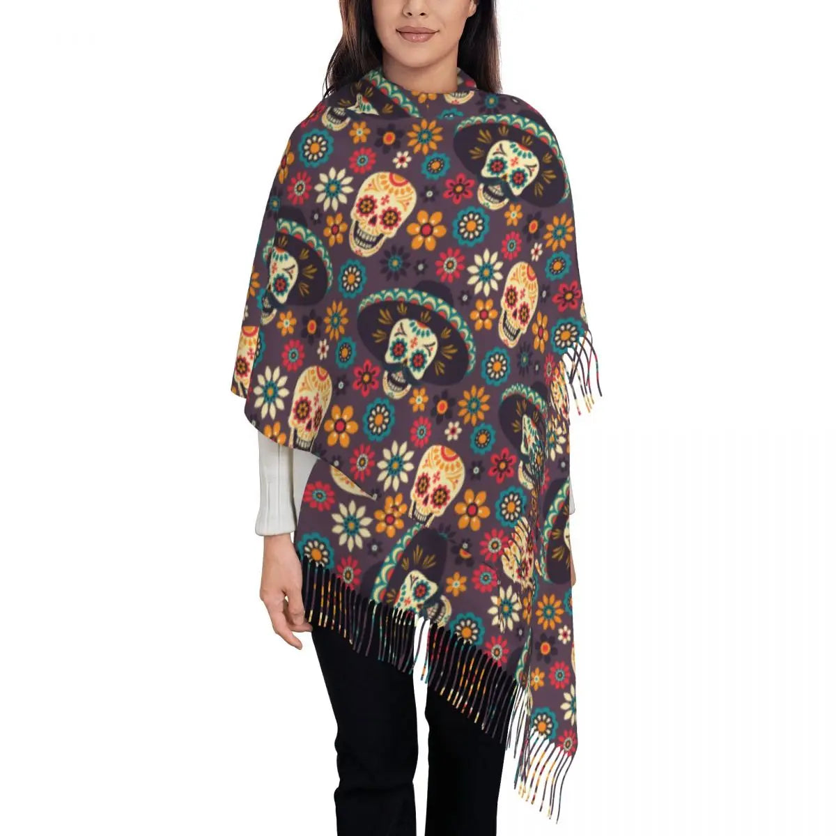 Day of the Dead Sugar Skull Colorful Flower Scarf – Warm Pashmina Shawl, Wrap for Women - Premium scarf from Lizard Vigilante - Just $23.66! Shop now at Lizard Vigilante