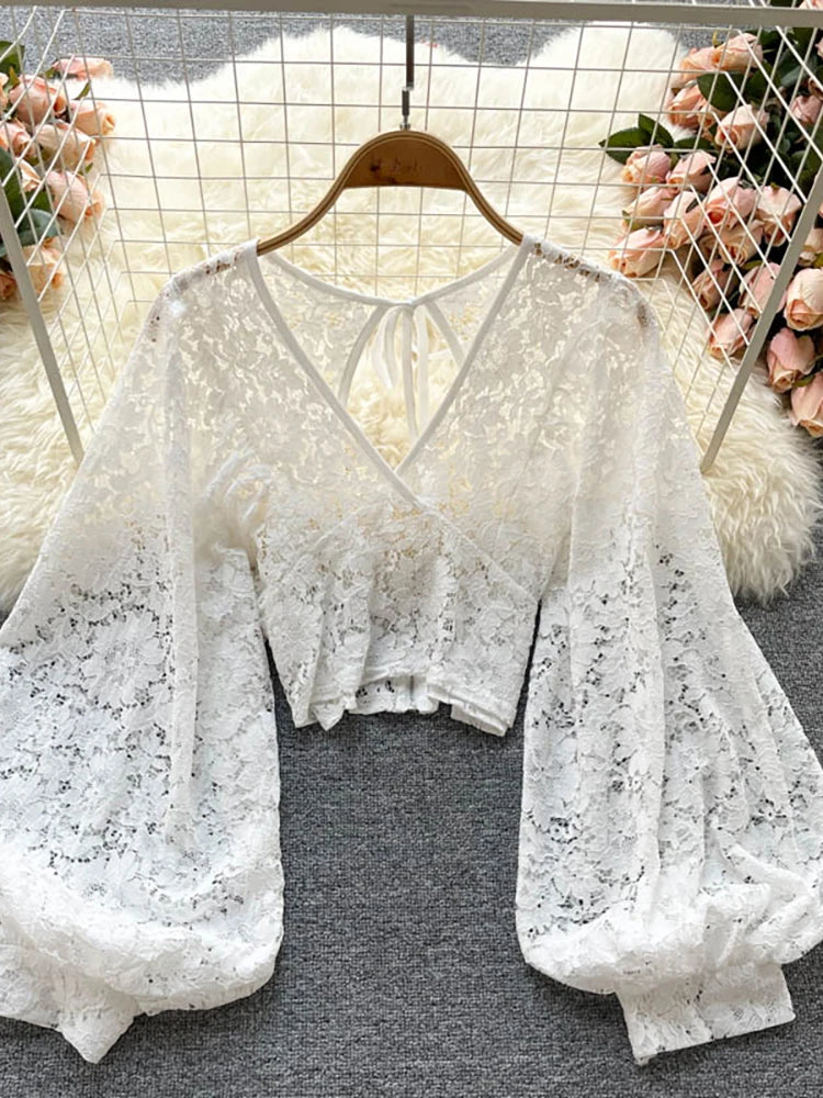 Elegant Lace V-Neck Blouse for Women – Sexy Puff Sleeve, Open Back Short Top, Autumn Party Blusas - Premium  from Lizard Vigilante - Just $42.88! Shop now at Lizard Vigilante