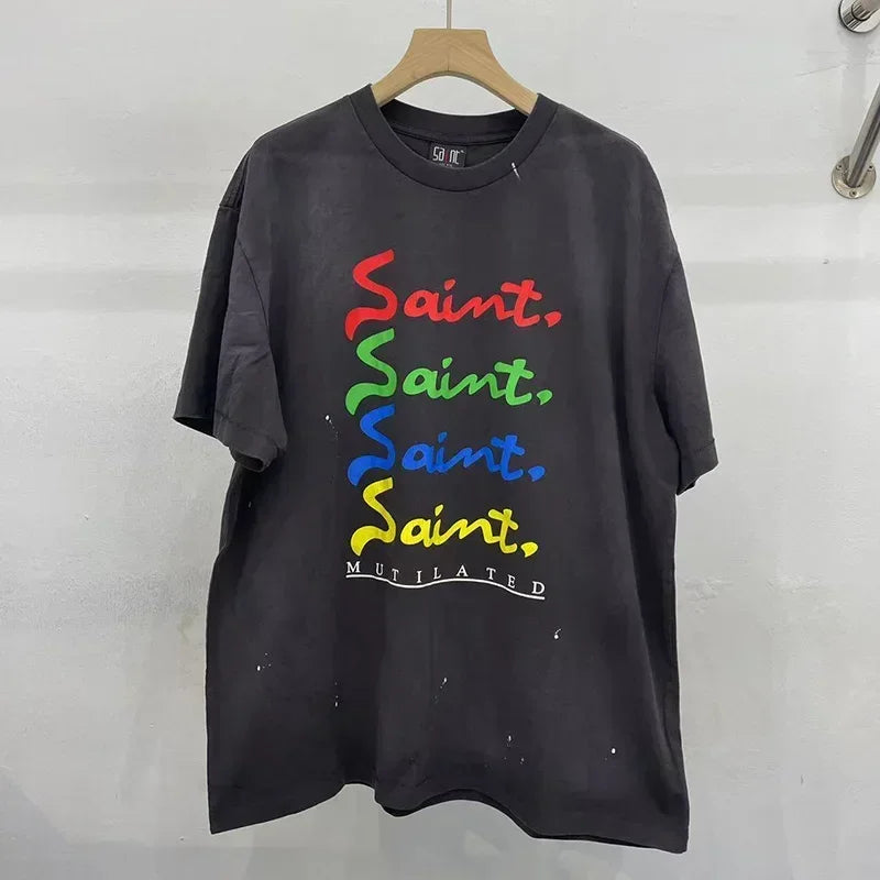 Men Women High Street Vintage Washed Black T-Shirt Top Quality Cototn TEE 3D Cracked Letters Logo Print Saint T Shirt With Tags - Premium  from Lizard Vigilante - Just $64.99! Shop now at Lizard Vigilante