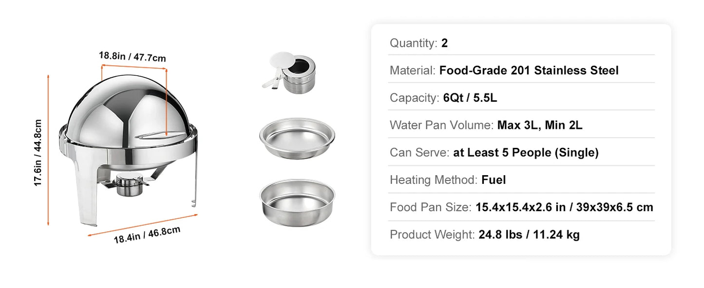 SucceBuy “Inferno Feast Duo” 6QT Roll Top Buffet Chafing Dish Set — Double Stainless Steel Catering Server for Banquets