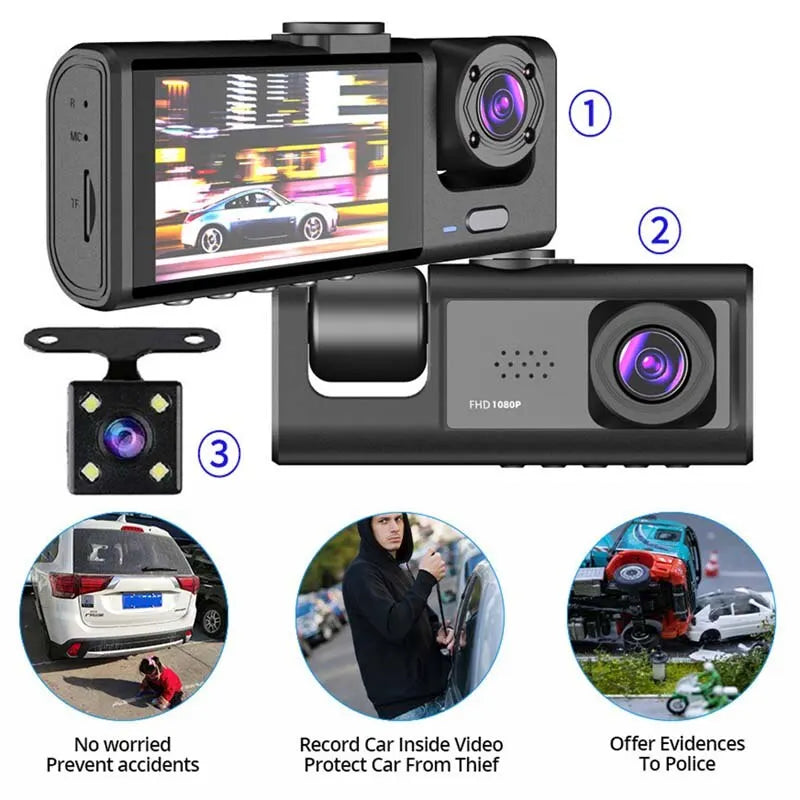 Dash Cam W/ IR Night Vision Loop Recording & 2" IPS Screen 1080P 3 Camera - Lizard Vigilante