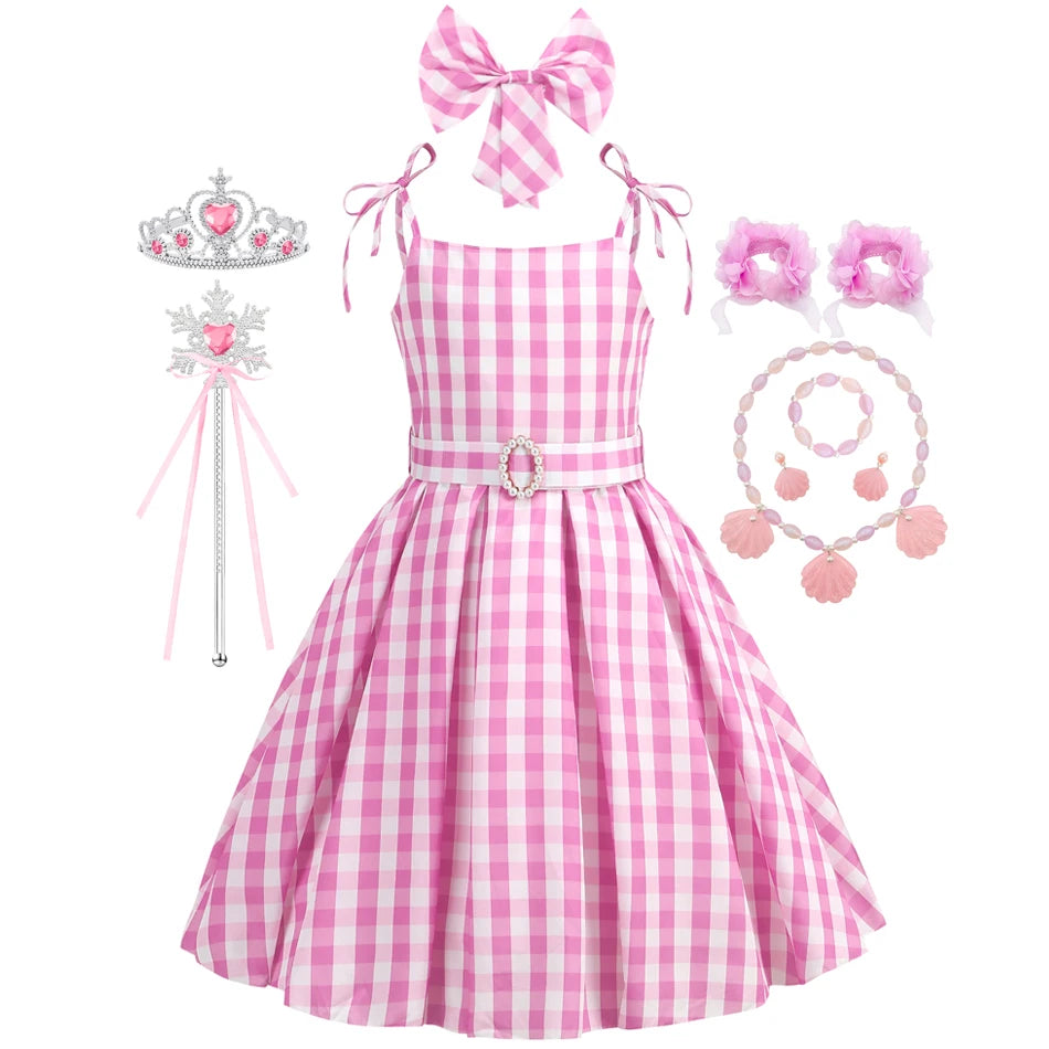 Barbie Movie Costume Girls Princess Cosplay Clothes Children Pink Plaid Dress Halloween Carnival Kids Party Wear 2-10 Years - Premium Cosplay Costumes from Lizard Vigilante - Just $18.99! Shop now at Lizard Vigilante