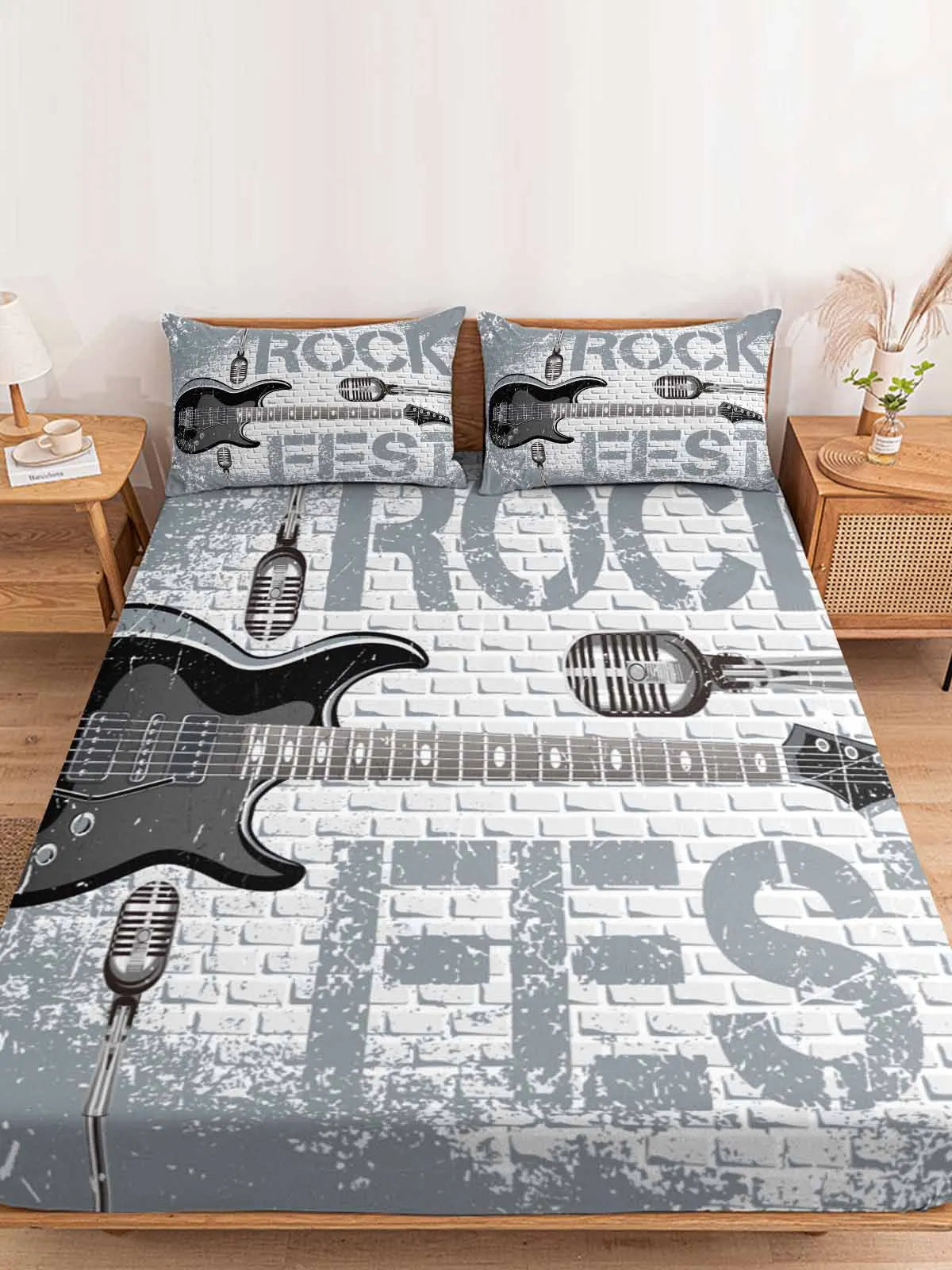 Rock Stone Music Black Guitar Symbol Queen Size Bed Mattress Fitted Sheet Set with Pillowcases - Premium fitted sheet from Lizard Vigilante - Just $73.99! Shop now at Lizard Vigilante