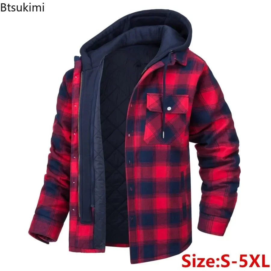 2024 Men's Winter Hooded Jacket – Warm, Thick Cotton Casual Coat with Detachable Hood & Plaid Design for Autumn & Winter - Premium  from Lizard Vigilante - Just $53.88! Shop now at Lizard Vigilante