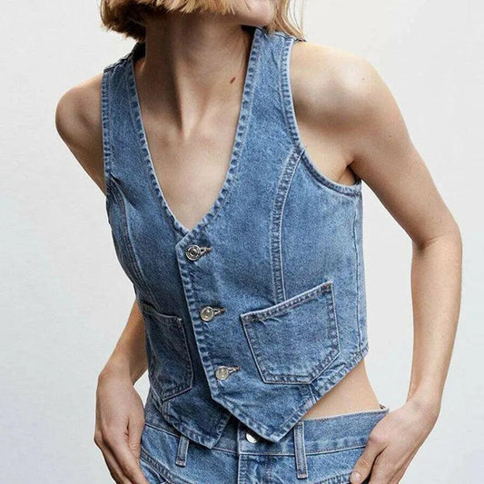 Women's Denim Vest Sleeveless Crop Tops Button Denim Gilet Jacket Casual V Neck Jean Waistcoat Streetwear - Lizard Vigilante