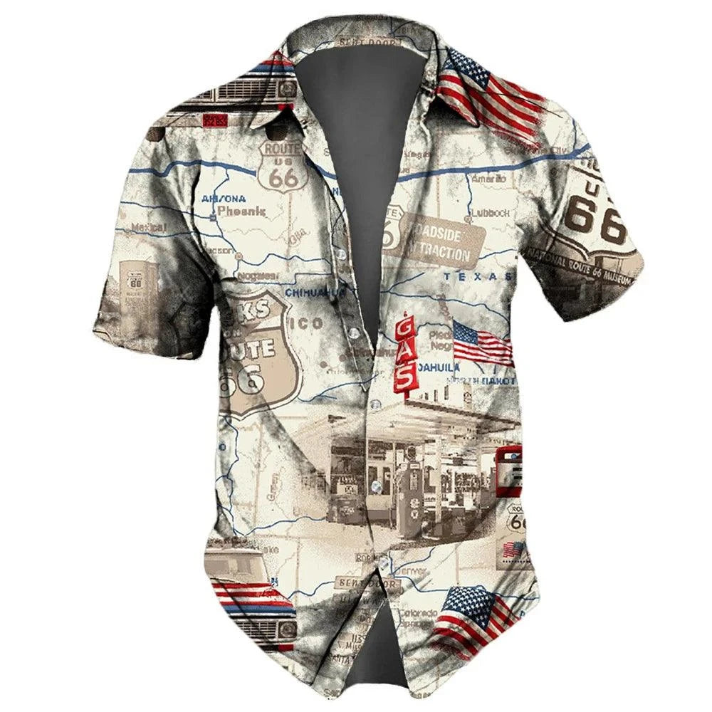 "U.S. Route 66 Retro Hawaiian Shirt" - 3D Fashion Short Sleeve Streetwear for Men - Premium hawaiian shirt from Lizard Vigilante - Just $26.66! Shop now at Lizard Vigilante