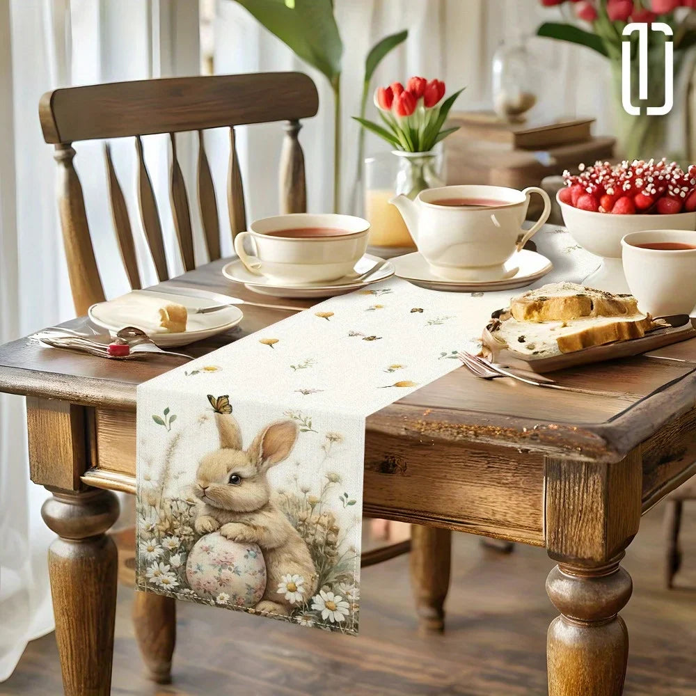 1pc Easter Bunny and Floral Egg Table Runner for Spring Holiday Home Decor, Easter Celebration Tablecloth Gift Idea