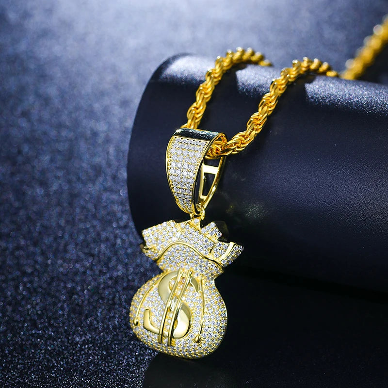 New D Color VVS Moissanite Lucky Money Bag Pendant Necklace 925 Sterling Silver Women Men's Hip Hop Rock Jewelry Rich Jewelry - Premium  from Lizard Vigilante - Just $96.99! Shop now at Lizard Vigilante