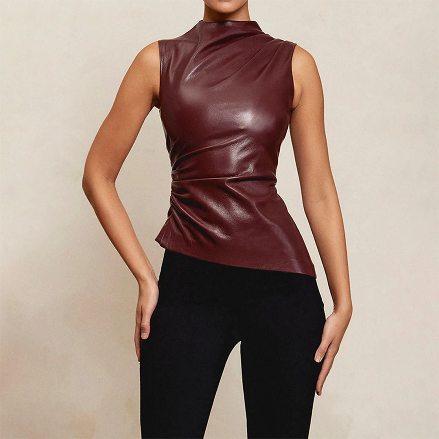 PU Leather Tank Tops Women Summer Sleeveless Pleated Slim Female Top Sexy Sheath Zipper Elastic Lady Ruched Shirt Streetwear - Premium  from Lizard Vigilante - Just $12.99! Shop now at Lizard Vigilante