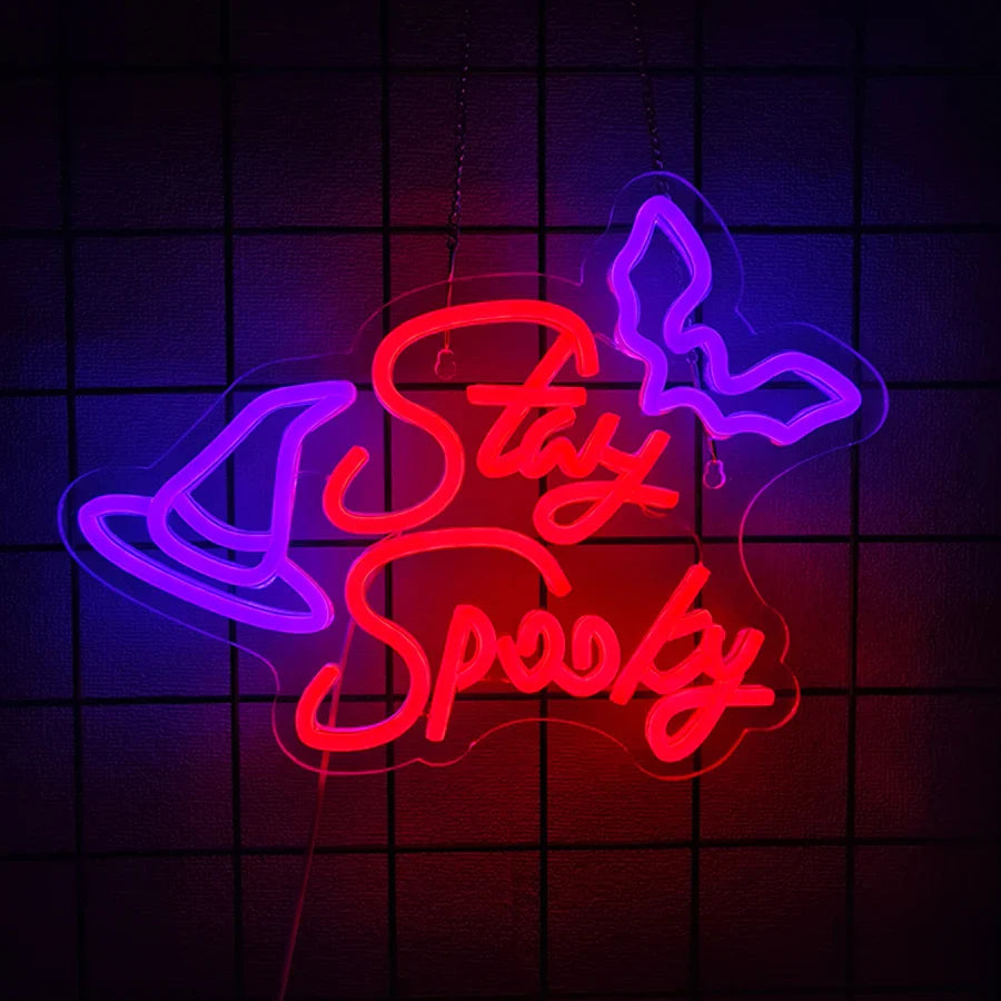 Halloween Neon Signs, Magic Hats And Weird Bat Icons Are Used For Decor In Rooms, Game Rooms, Scary Spaces, Clubs And Bars.
