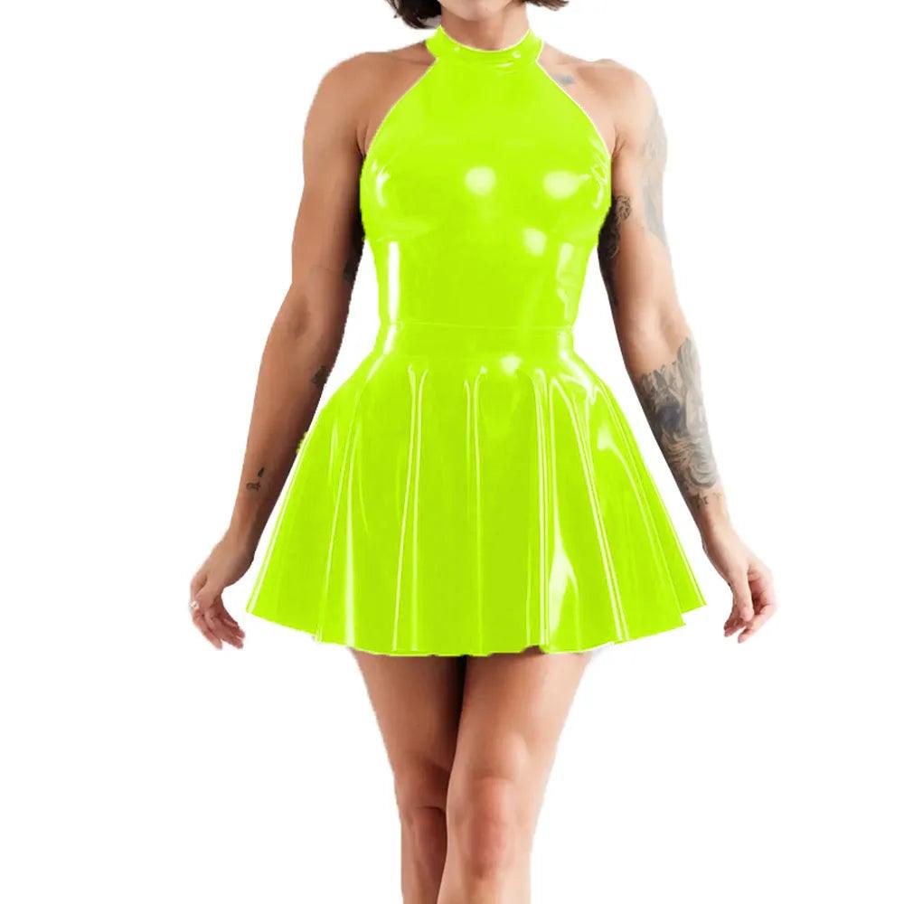 Shiny Sleeveless A-Line Pleated Mini Dress Halter Neck Skater Wet PVC Leather Swing Skirt Dress Latex-look Clubwear - Lizard Vigilante