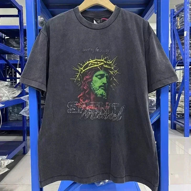 Men Women High Street Vintage Washed Black T-Shirt Top Quality Cototn TEE 3D Cracked Letters Logo Print Saint T Shirt With Tags - Premium  from Lizard Vigilante - Just $64.99! Shop now at Lizard Vigilante