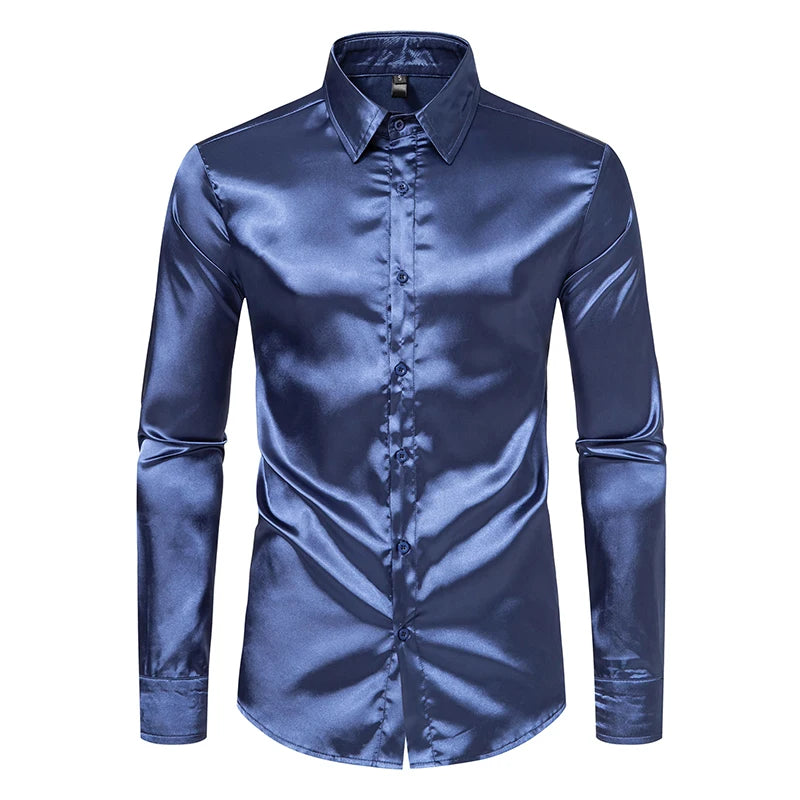 Blackout Luxe: Men’s High Gloss Satin Tuxedo Shirt – Dominate the Room, One Button at a Time - Premium shirt from dsers - Just $27.99! Shop now at Lizard Vigilante