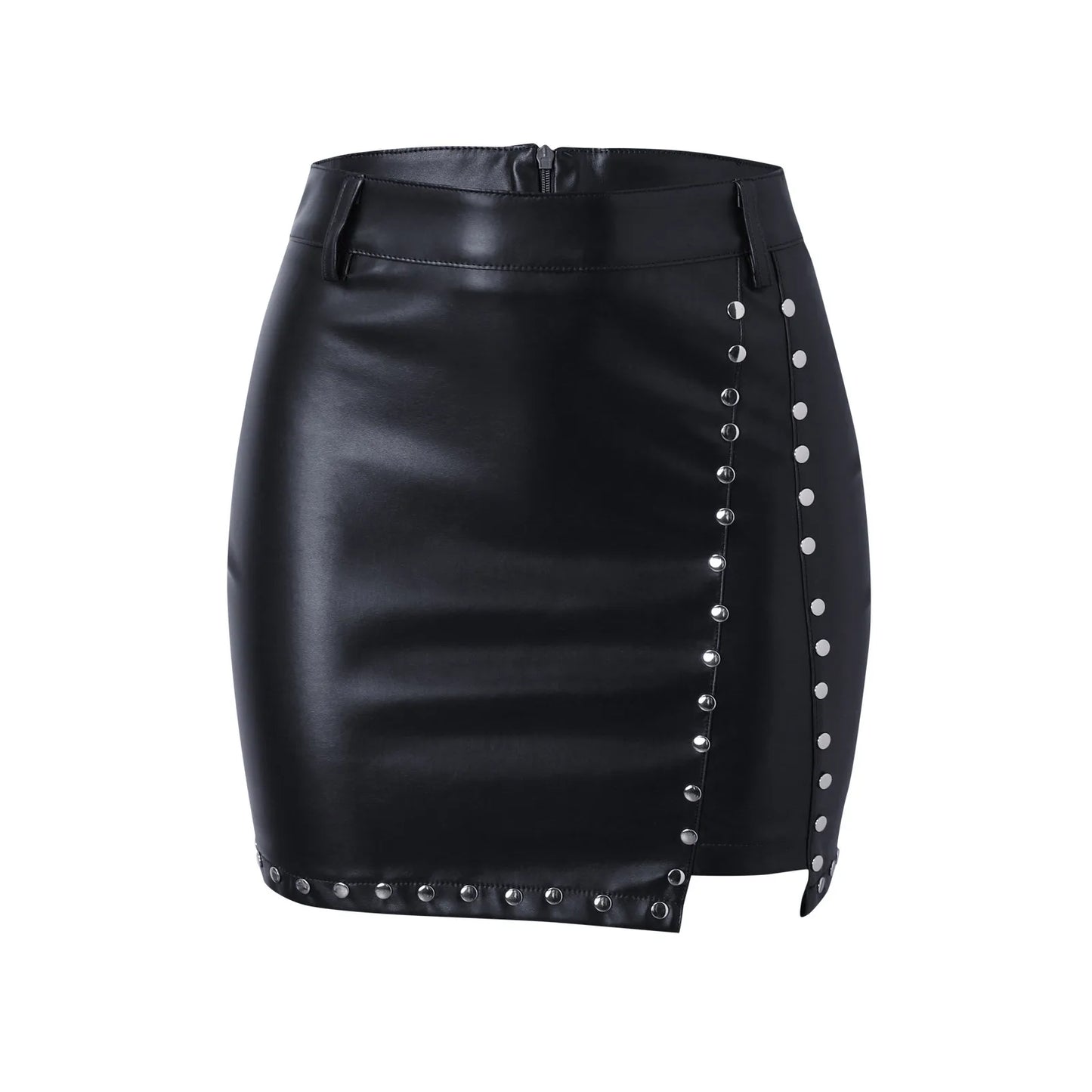 Sexy Girl Black PU Leather Mini Skirts Women High Waist Bodycon Front Split Studded Elegant Short Skirt Spring Autumn Streetwear - Premium  from Lizard Vigilante - Just $12.99! Shop now at Lizard Vigilante