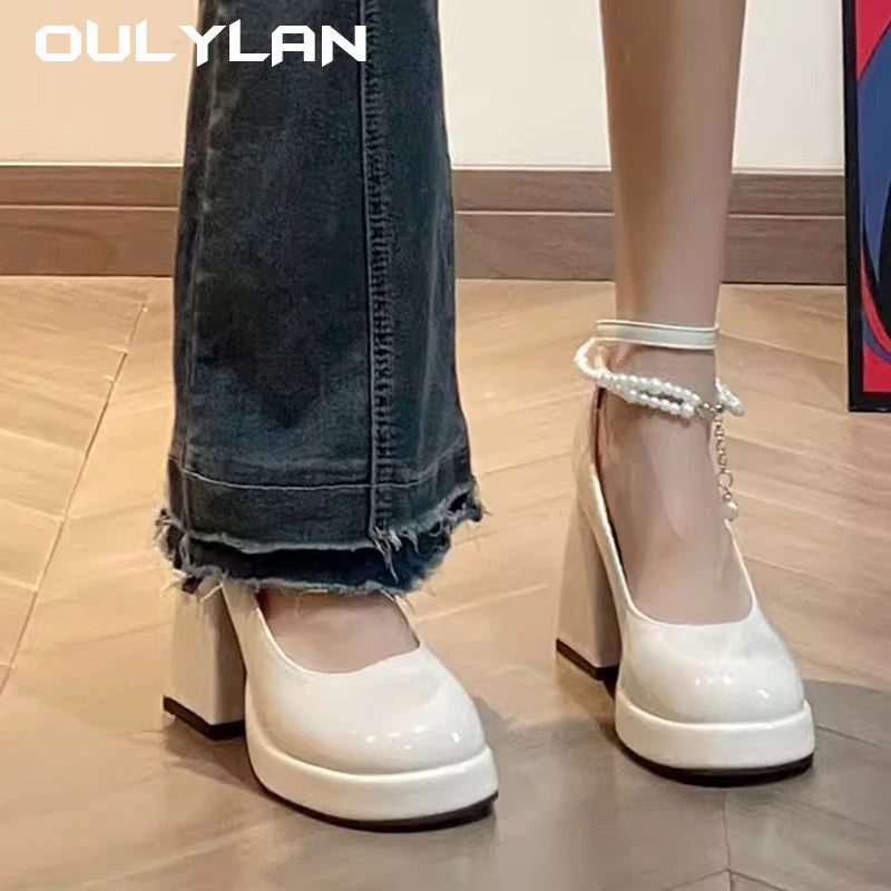 Oulylan New Ladies High Heels Elegant Toe Black High Heels Fashion Thick Heel Wedding Party Pearl Lace Wedding Shoe - Premium  from Lizard Vigilante - Just $37.99! Shop now at Lizard Vigilante